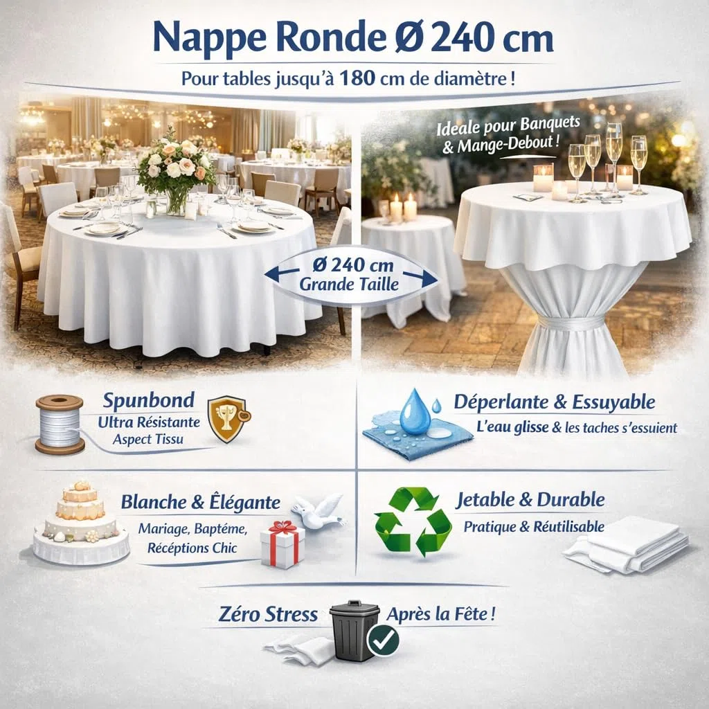 Lot de 12 Nappes Rondes Jetables Blanches Ø 240 cm en Spunbond | Résistantes, Déperlantes & Essuyables | Idéal Mariage, Réception, Anniversaire, Buffet | Nappage Professionnel
