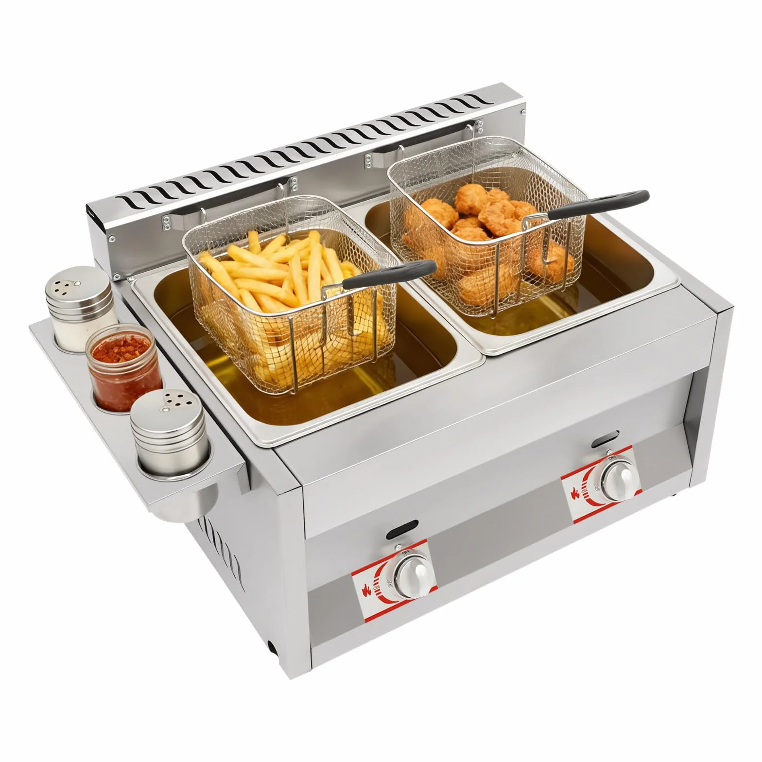 Friteuse Pro 2 Cuves 6L, Double Gaz avec 2 Paniers pour Restaurant, Friteuse Snack Inox 430 avec Thermostat 50-380°C, Équipement Cuisine Commerciale pour Frites Poulet (60.3 * 46 * 33.5)