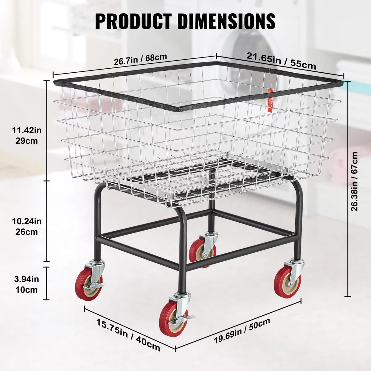 VEVOR Chariot à Linge en Fil Métallique Capacité de 100 L 68x55x67 cm, Panier à Linge Mobile avec Roulettes, Cadre en Acier Chromé, Déplacement en Douceur, pour Buanderie, Chambre, Salle de Bain