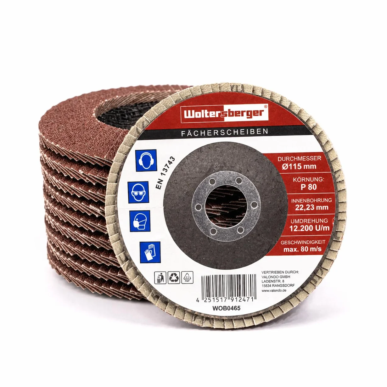 Woltersberger® Lot de 10 Disques Abrasifs à Lamelles, Disque de Meulage 115 mm Standard, Roues à feuillets abrasif Grain 80 pour métal et bois