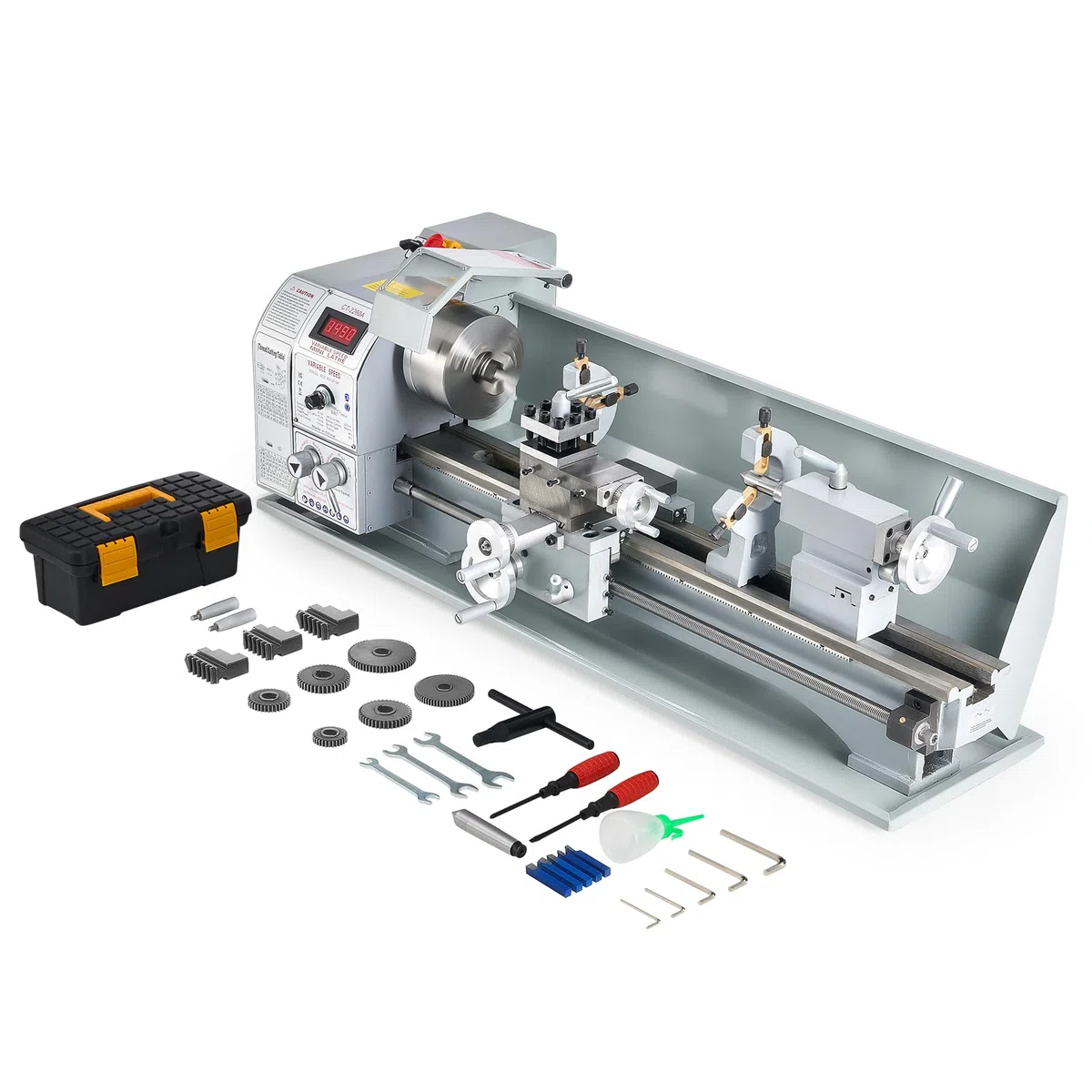 CREWORKS 1100W Mini Tour à Métaux d'Établie 220x600mm 9"x24" Haute Précision avec Mandrin à 3 Mâchoires et Vitesse de Broche Max. 3000 tr/min Écran LCD pour Filetage Tournage Perçage