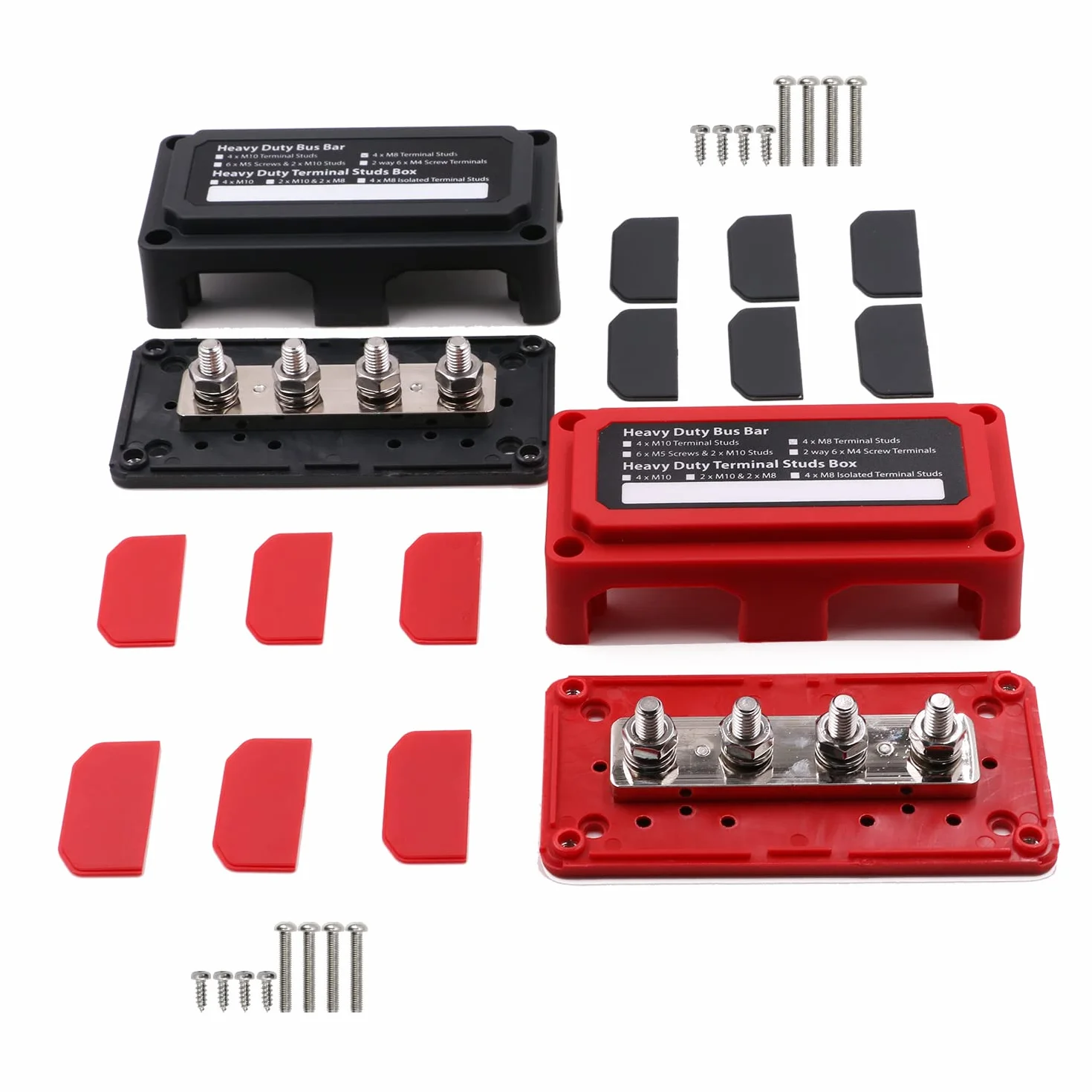 Busbar Bornier 12V-48V cc 300A Barre de bus Blocs de distribution Heavy Duty 4X M8 Borne Batterie Bus Bar pour Voiture/RV/Yachts/Bateau/Marine/Solaire, e noir et rouge 2 paquets