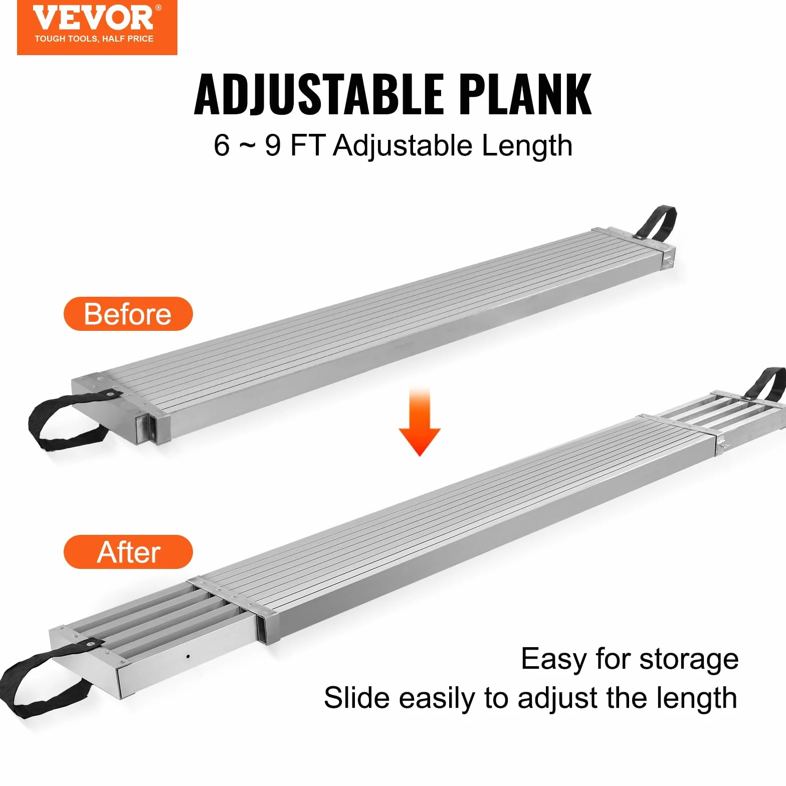 VEVOR Planche d'échafaudage télescopique en aluminium, 1,83-2,74 m, planche de travail 317,5 mm largeur, 227 kg, planche d'extension avec plate-forme antidérapante, accessoire d'échelle d'échafaudage