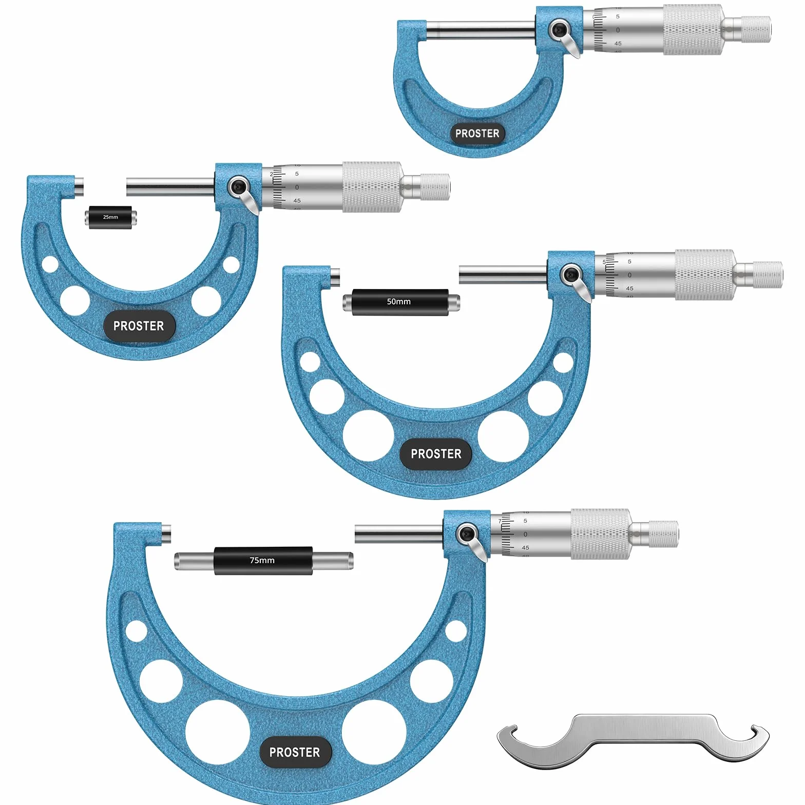 Proster Micromètre Extérieur 0–100mm 4 Pièces – Précision 0,01mm avec Ratchet Stop, Satin Chrome & Échelle Laser, Ensemble Professionnel pour Atelier, Contrôle Qualité et Machiniste