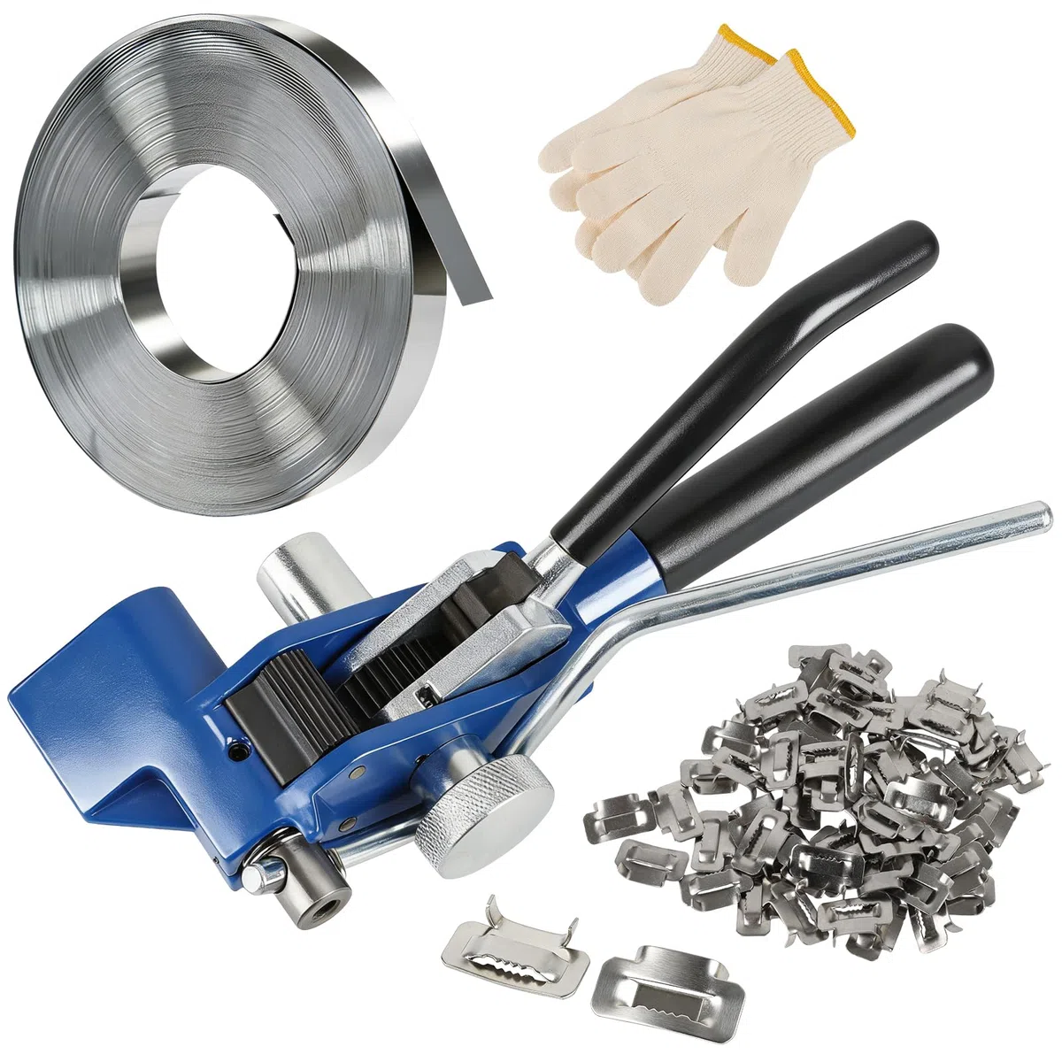 Kit de cerclage manuel, bobine de bande en acier inoxydable (3/4" x 100 pieds x 0,03") + boucles métalliques (100 pièces), avec gants, kit de cerclage manuel pour l'industrie, la construction, le
