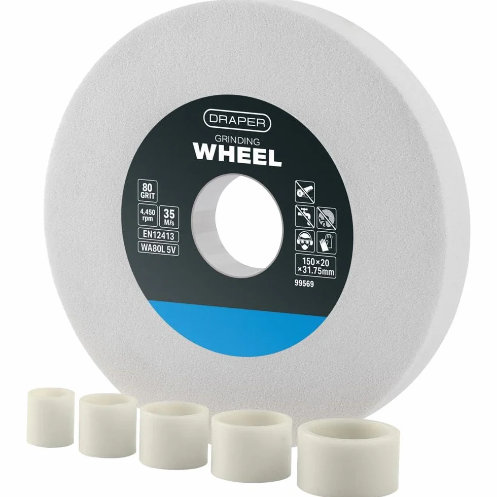 Draper Meule d'établi en oxyde d'aluminium 150 x 20 mm | Aiguiseur d'outils HSS grain 80 | 5 anneaux de réduction | Coupe à sec | Alésage de 31,75 mm | 99569