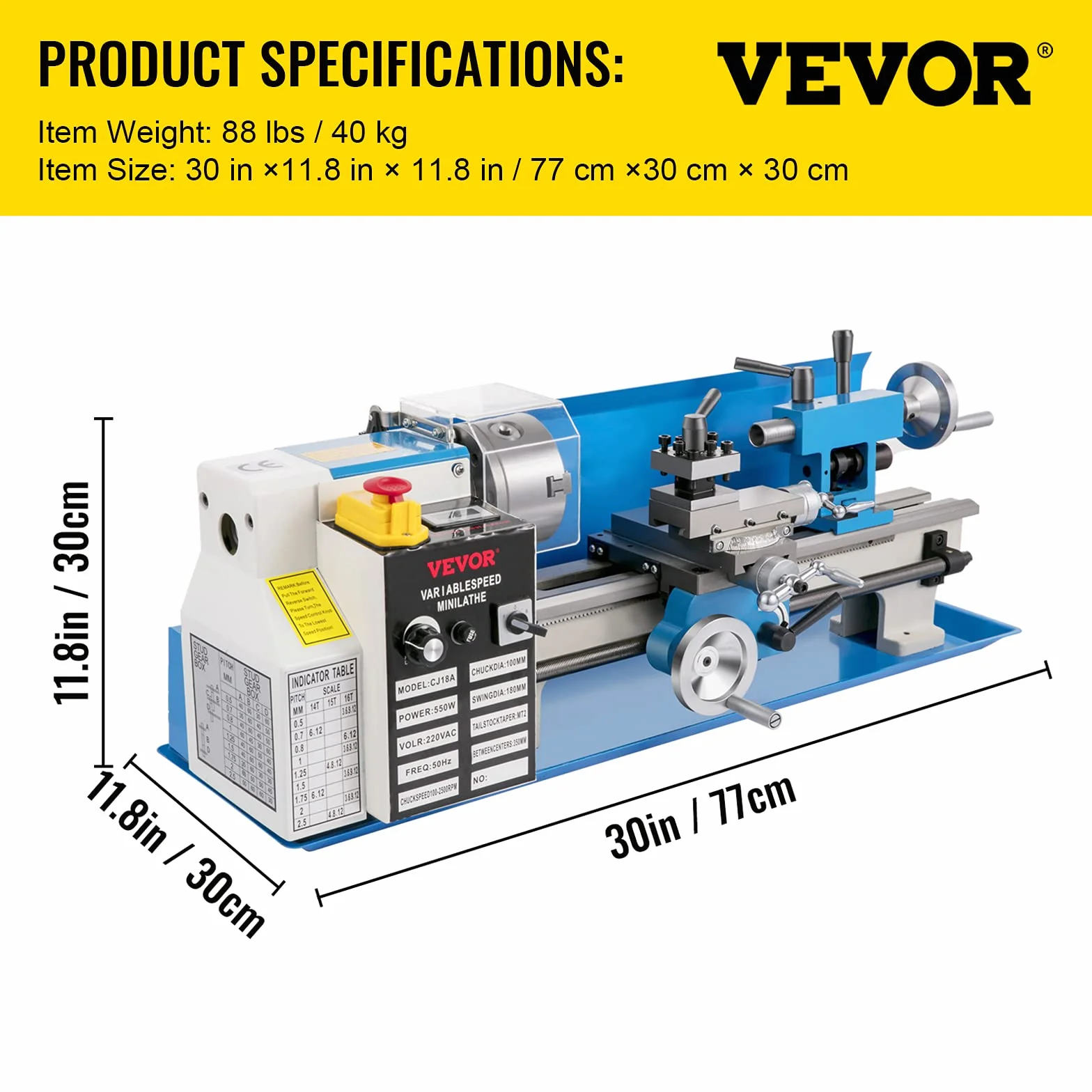 VEVOR Tour à Métaux de Haute Précision 180x350 mm Mini Tour à Bois de Vitesse Variable 50-2500PRM, 550 W Tour Électronique Professionnel avec Lampe de Travail, Tour Réglable pour Traitement Métaux