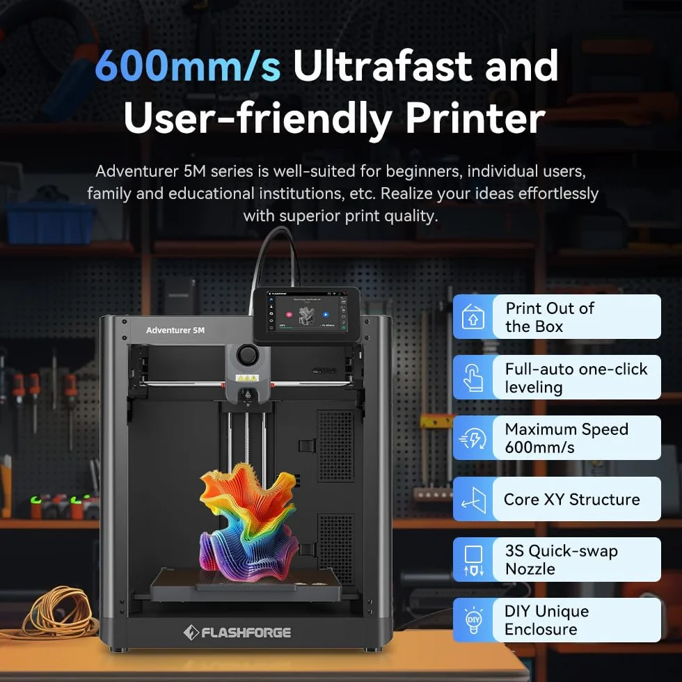 FLASHFORGE Adventurer 5M Imprimante 3D, Entièrement Auto-Leveling Max 600mm/s, 280℃ Buse à Dégagement Rapide, Structure CoreXY pour Qualité d'impression Supérieure, Les débutants&Experts Choix Premier