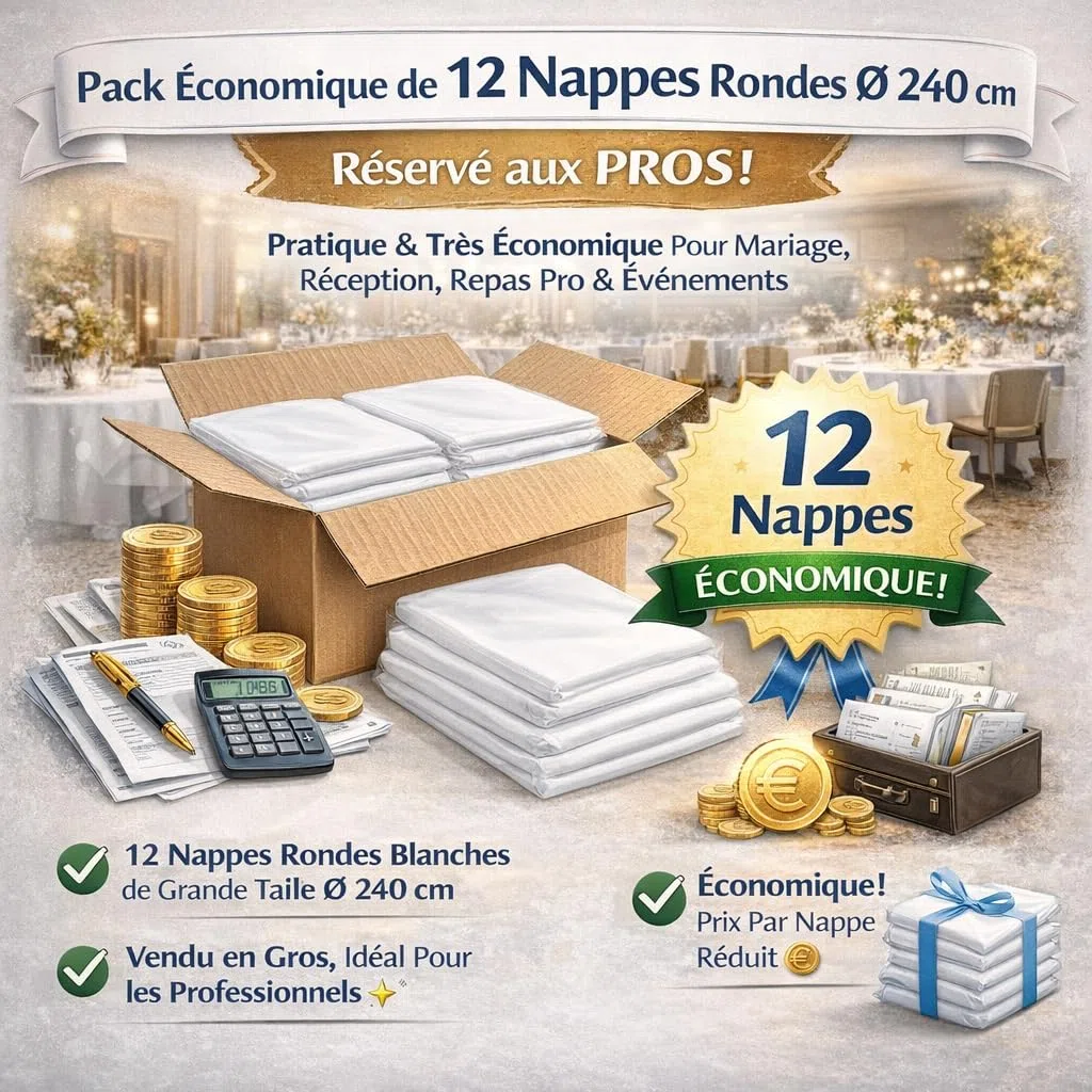 Lot de 12 Nappes Rondes Jetables Blanches Ø 240 cm en Spunbond | Résistantes, Déperlantes & Essuyables | Idéal Mariage, Réception, Anniversaire, Buffet | Nappage Professionnel