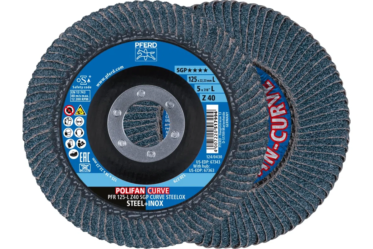 PFERD TOOLS Lot de 2 disques à lamelles Polifan Curve - Diamètre : 125 mm - Largeur L : 14 mm - Z40 - SGP Steel OX - 69398196 - Pour un traitement précis des joints de gorge