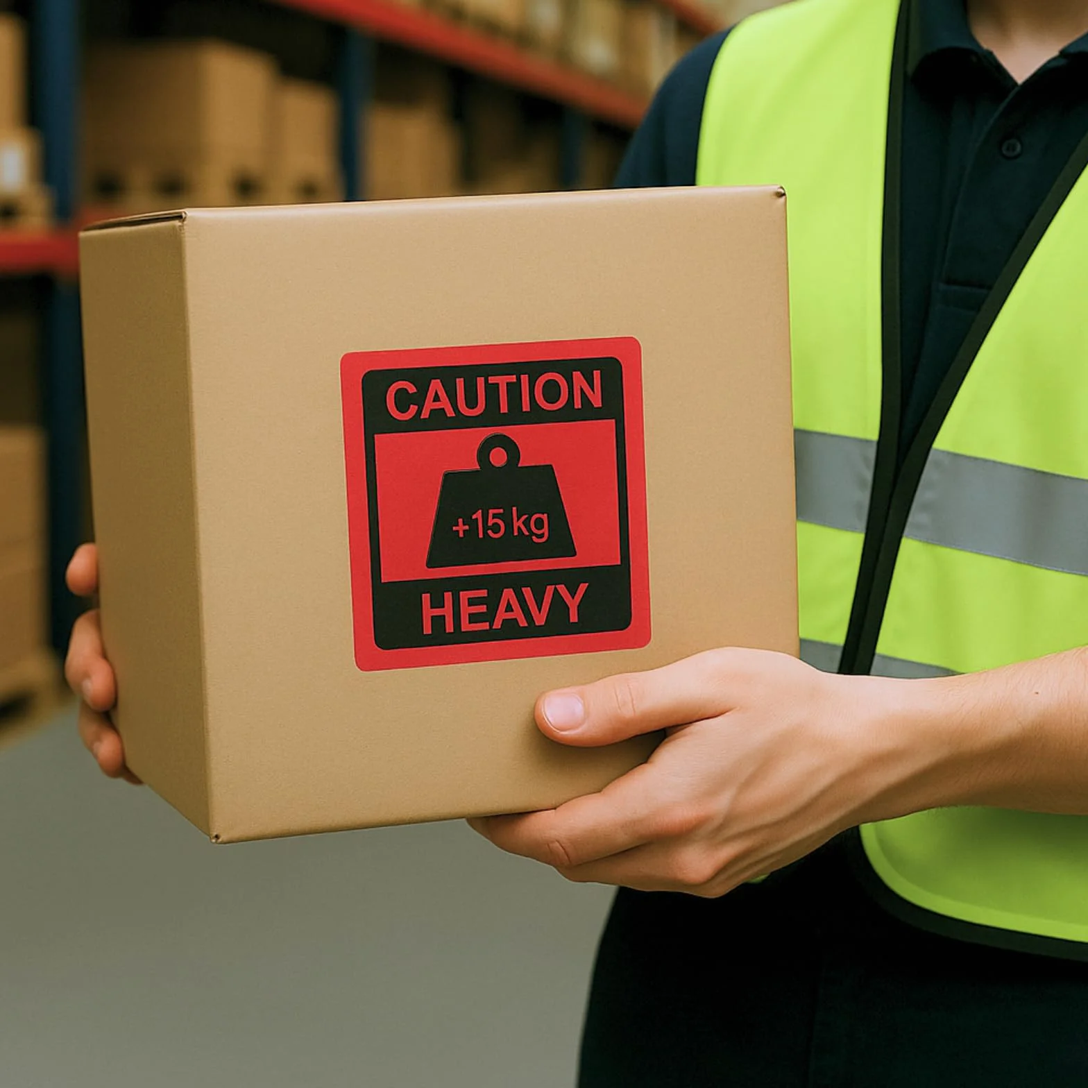 Dohe - Rouleau Étiquettes Heavy Caution +15 kg (500 u.) - 80x80 mm, Autocollants Autoadhésifs d’Avertissement pour Expéditions Lourdes, Résistants et Durables, Couleur Rouge Vif, Fournitures de Bureau