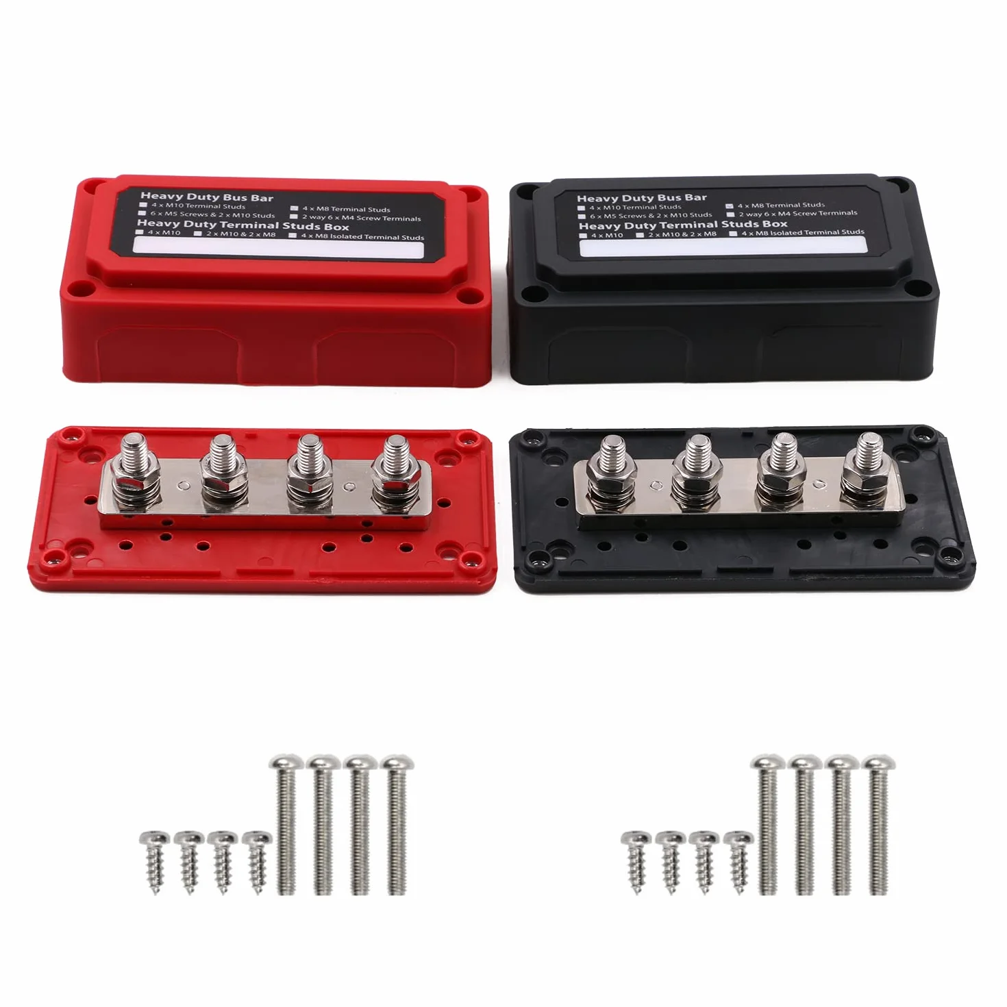 Busbar Bornier 12V-48V cc 300A Barre de bus Blocs de distribution Heavy Duty 4X M8 Borne Batterie Bus Bar pour Voiture/RV/Yachts/Bateau/Marine/Solaire, e noir et rouge 2 paquets