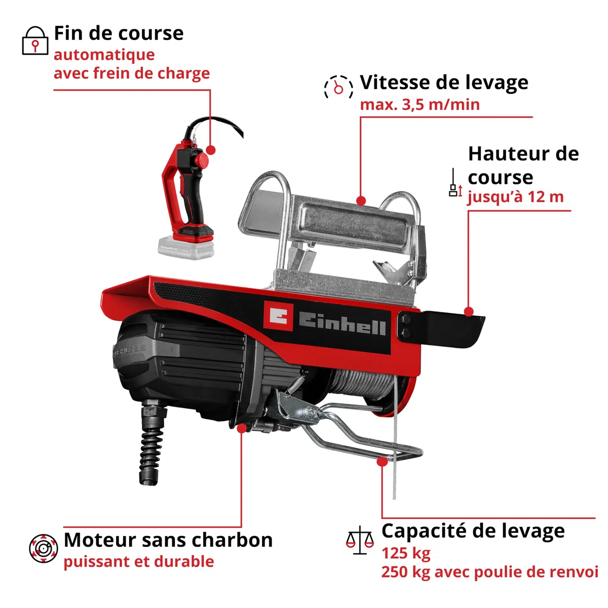 Einhell Palan sans fil TE-EH 18/250 Li BL Power X-Change (18 V, sans charbon, capacité de charge 125 kg / 250 kg avec poulie de renvoi, hauteur de course 12 m, vitesse 3,5 m/min, câble en acier)