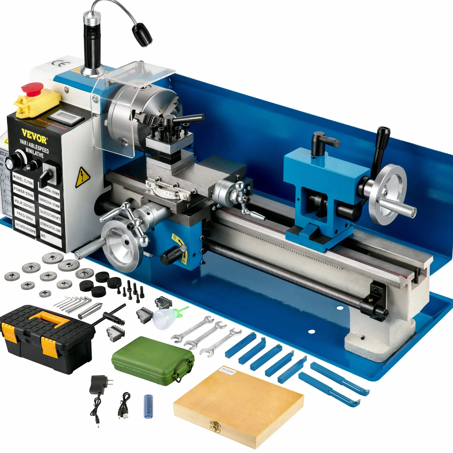 VEVOR Tour à Métaux de Haute Précision 180x350 mm Mini Tour à Bois de Vitesse Variable 50-2500PRM, 550 W Tour Électronique Professionnel avec Lampe de Travail, Tour Réglable pour Traitement Métaux