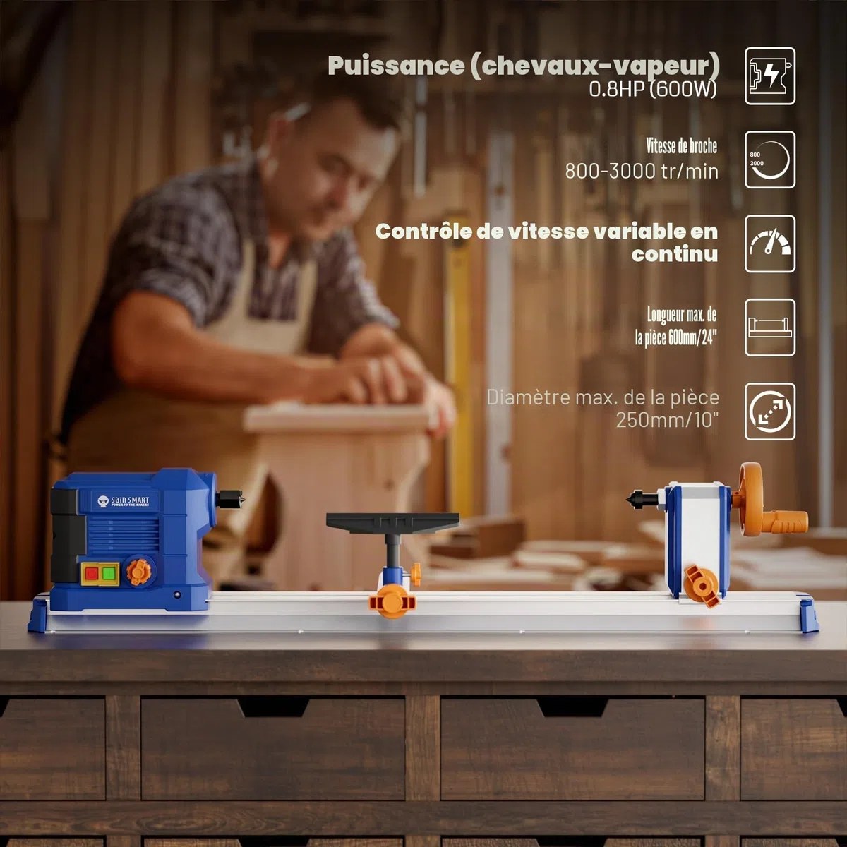 sainsmart Tour de Table, 10 x 24 Pouces, 600 W, 0,8 CV, avec réglage de Vitesse en continu de 800 à 3000 TR/Min, Tour à Bois avec Accessoires complets pour Le Travail du Bois