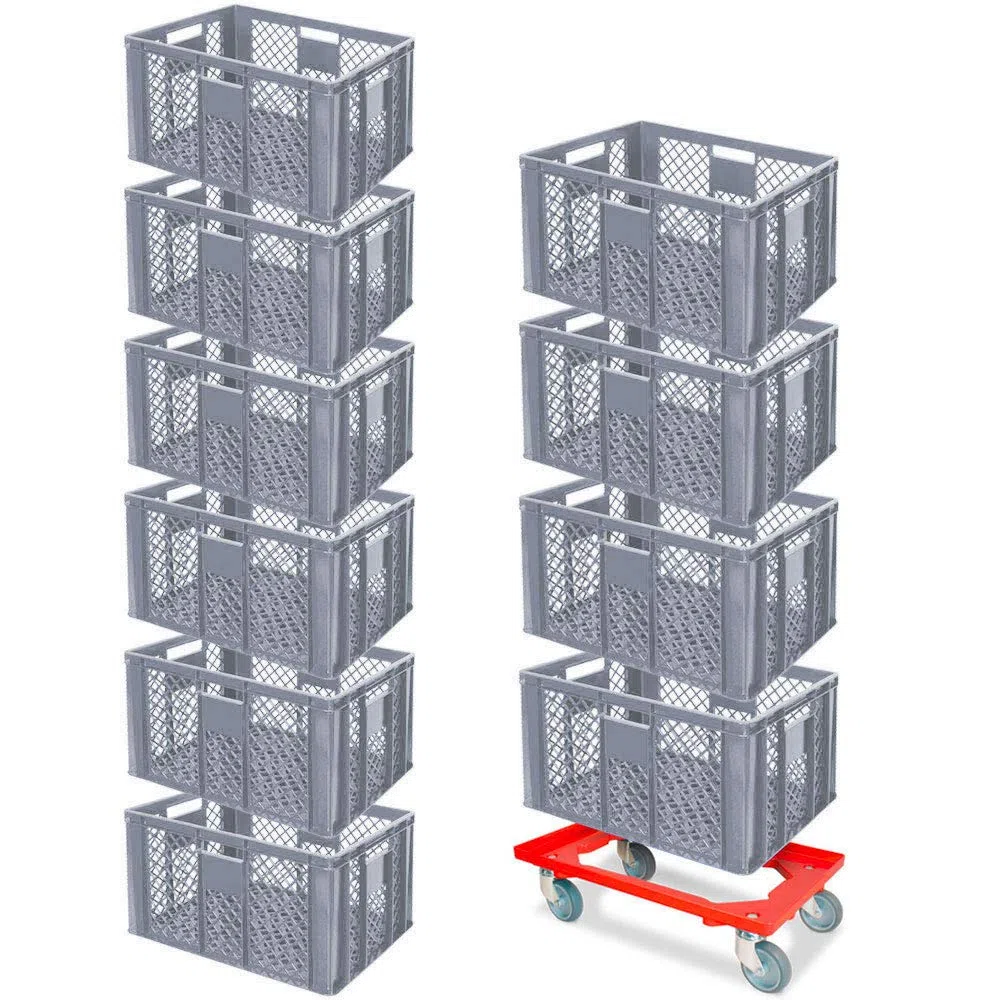 BRB Lot économique de 10 bacs empilables et roulettes de transport, 600 x 400 x 320 mm, qualité industrielle, convient à un usage alimentaire, gris