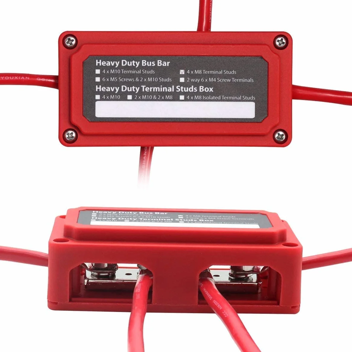 Busbar Bornier 12V-48V cc 300A Barre de bus Blocs de distribution Heavy Duty 4X M8 Borne Batterie Bus Bar pour Voiture/RV/Yachts/Bateau/Marine/Solaire, e noir et rouge 2 paquets