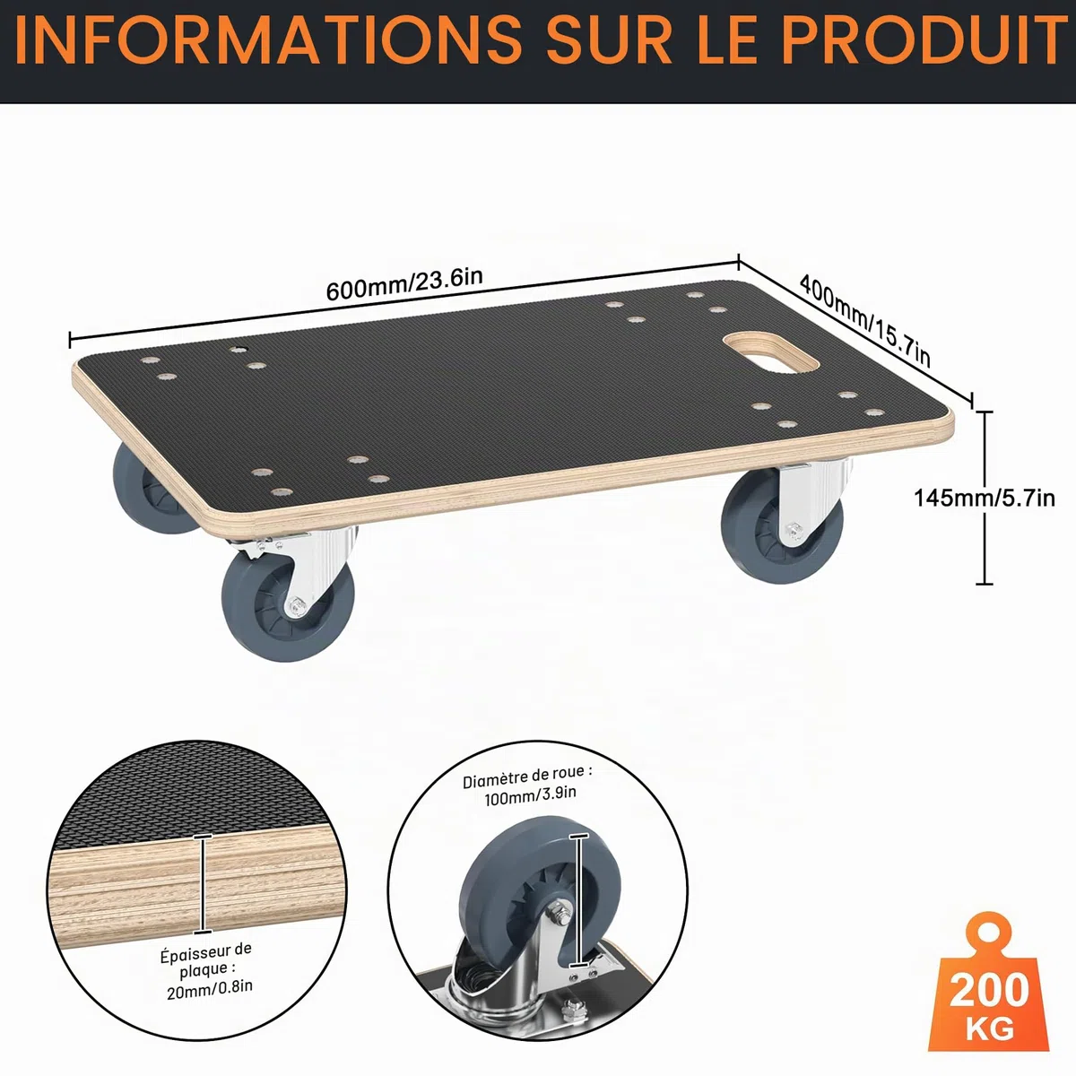 Aufun Lot de 2 roulettes de transport pour planche à roulettes 60 x 40 cm avec frein, roulettes pour meubles, transport avec aide au transport, transport de meubles jusqu'à 200 kg, robustes et sûrs