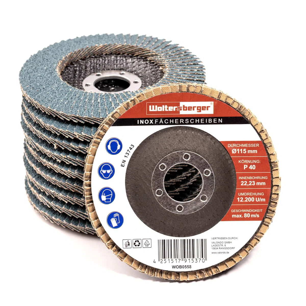 Woltersberger® SET de 8 disques à lamelles INOX Ø 125mm | Granulométrie P40, P60, P80, P120 | Bleu pour l'inox, le métal/l'acier, le bois | Coround zirconien Mop à lamelles