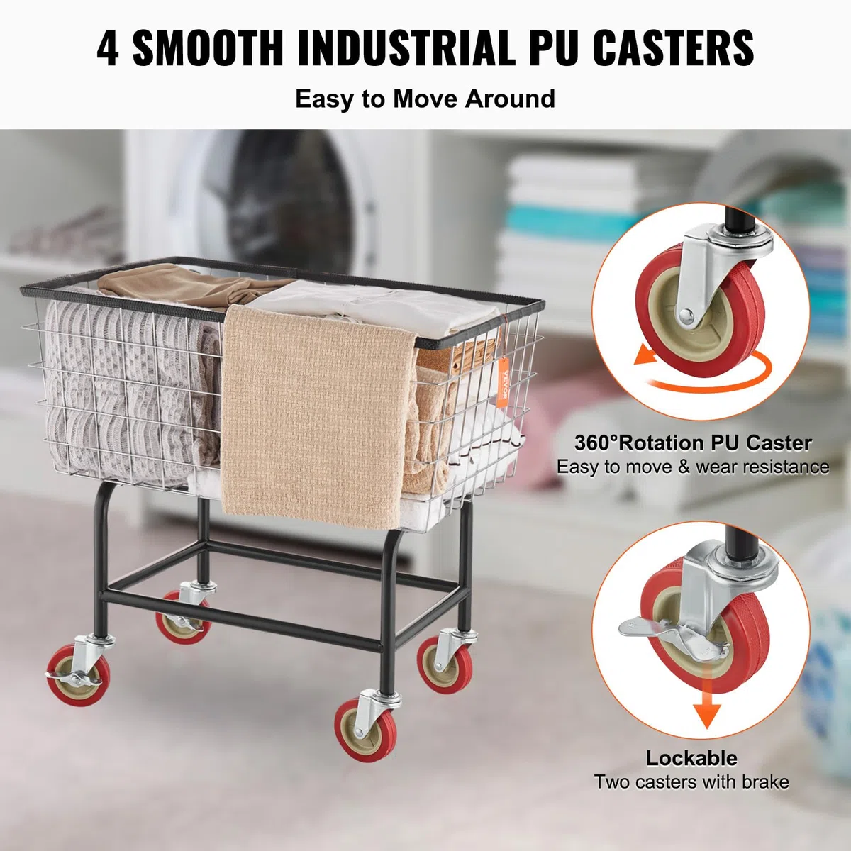 VEVOR Chariot à Linge en Fil Métallique Capacité de 100 L 68x55x67 cm, Panier à Linge Mobile avec Roulettes, Cadre en Acier Chromé, Déplacement en Douceur, pour Buanderie, Chambre, Salle de Bain