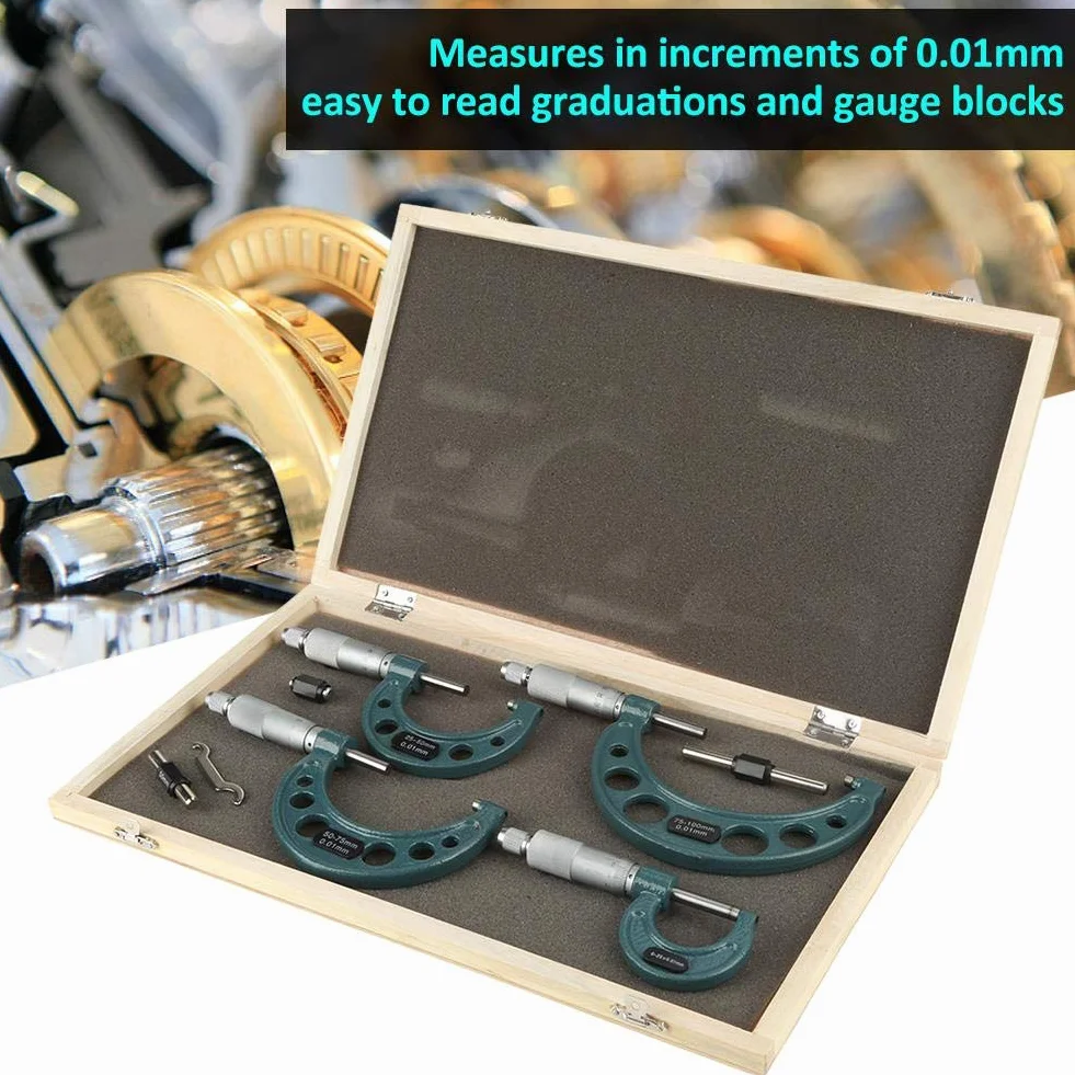 Micromètres Extérieurs Métriques 0-100mm, Jauge d'Épaisseur avec Étui, Mesure par Incréments de 0,01mm, 4 Pièces