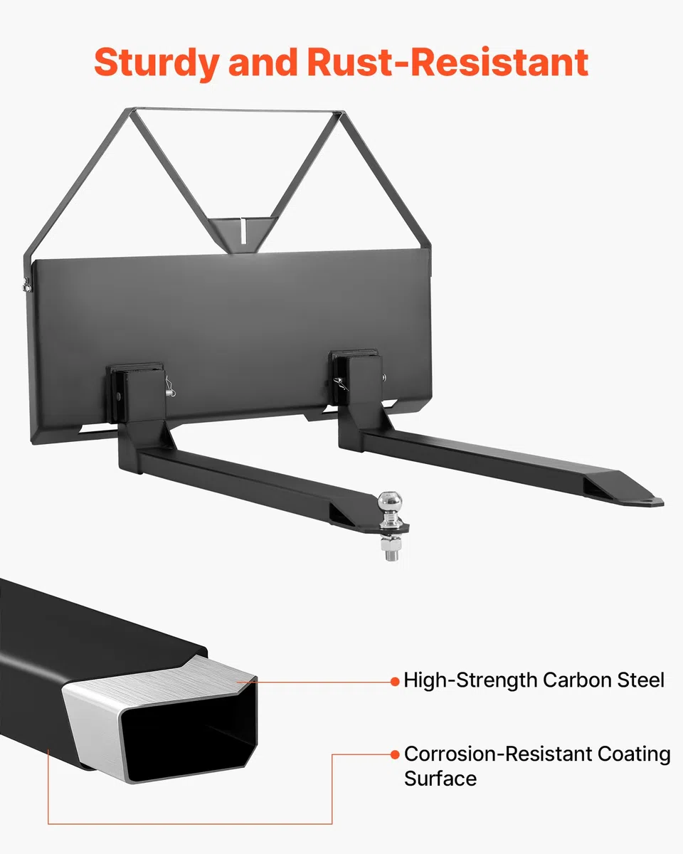 VEVOR Fourches à Palettes pour Chargeuses Compactes avec Cadre 1160 mm, Fourche 1220 mm, Capacité 1179 kg, Boule d'Attelage de Remorque 47,6 mm, Connexion Rapide, pour Chargeuses Compactes, Tracteurs