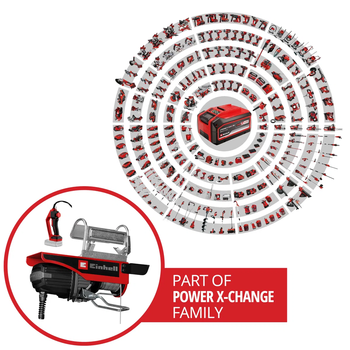 Einhell Palan sans fil TE-EH 18/250 Li BL Power X-Change (18 V, sans charbon, capacité de charge 125 kg / 250 kg avec poulie de renvoi, hauteur de course 12 m, vitesse 3,5 m/min, câble en acier)