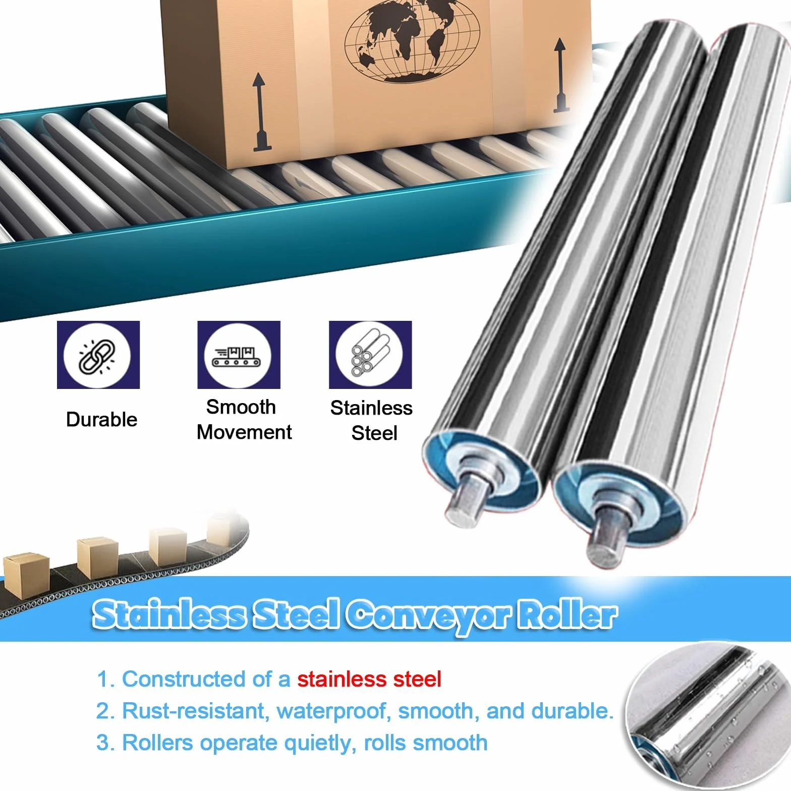 Lot de 10 rouleaux de convoyeur de rechange en acier inoxydable durables pour projets d'alimentation de scie à métaux (38 mm de diamètre)