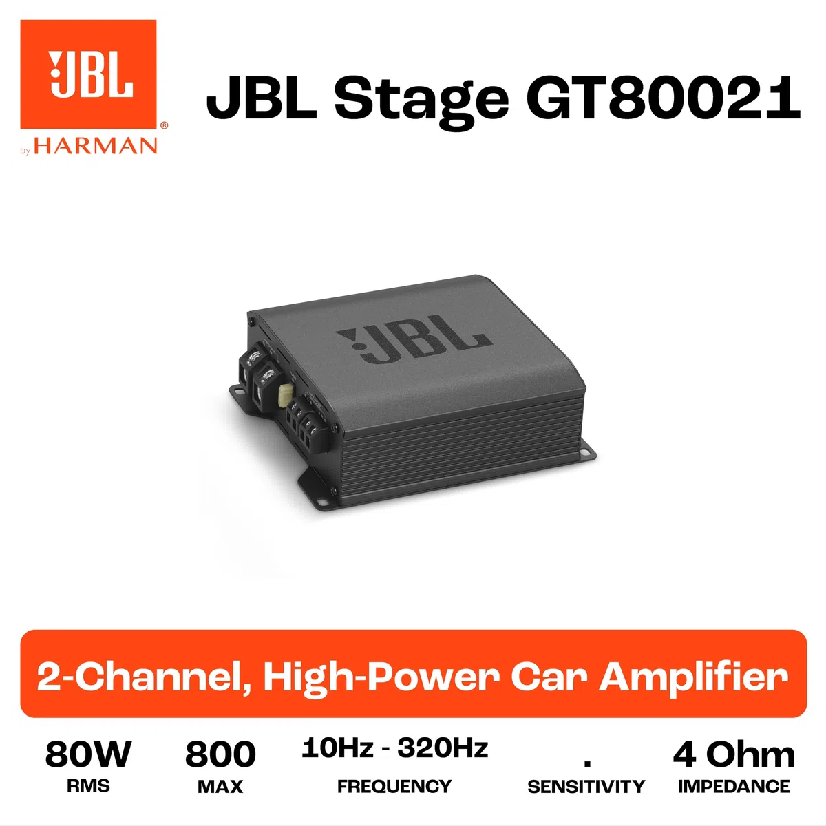 JBL Amplificateur Audio Stage GT 80021 - Compact et Puissant Ampli Voiture 2-Canaux Max 800W, 130W RMS x2 à 2 Ohm, Pour Haut-parleurs Avant ou Subwoofer Bridging, Protection Integrée