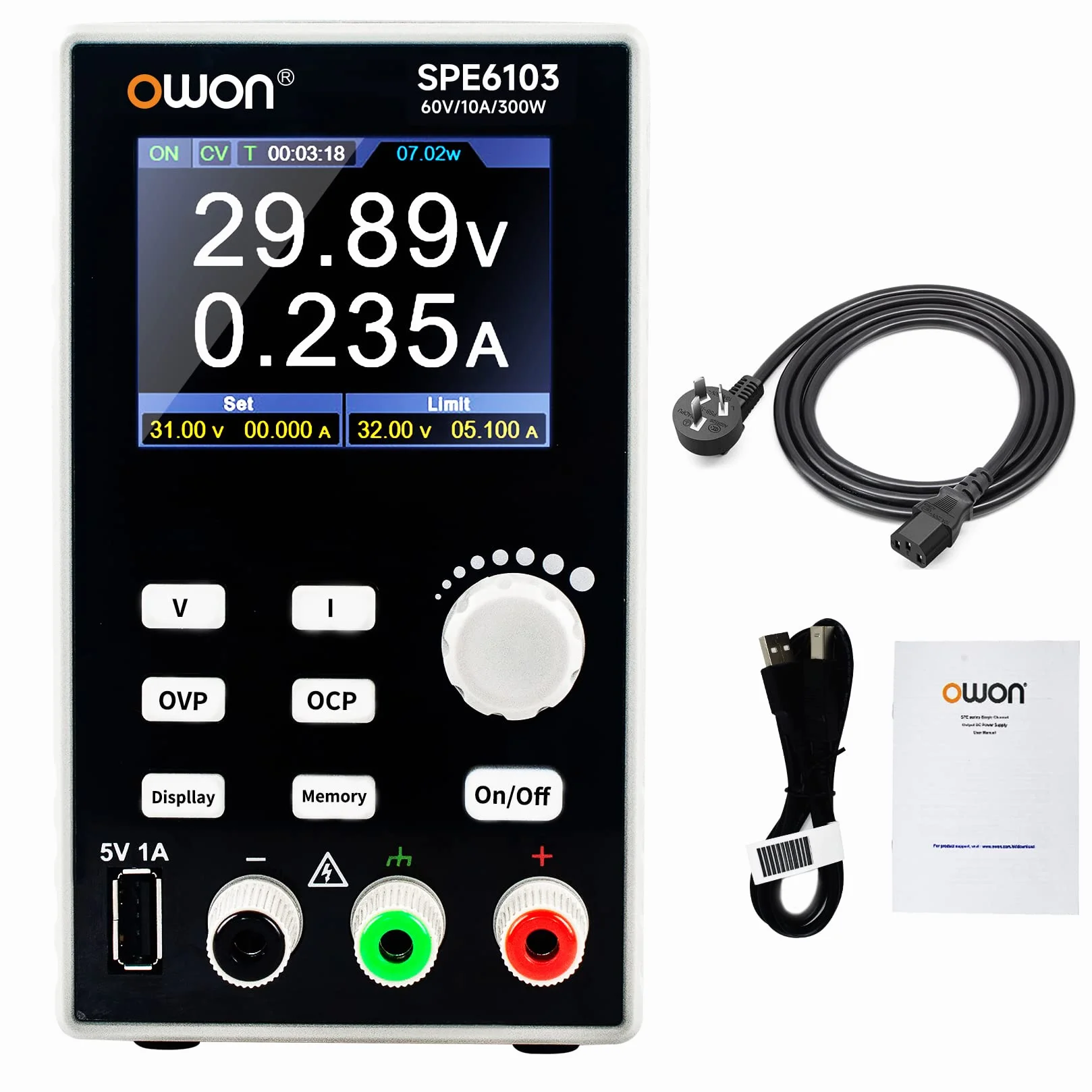 OWON SPE6103 Alimentation DC programmable, 300W, 60V / 10A, protection multiple à 4 chiffres haute précision, écran LCD TFT 2,8 pouces avec port USB, prend en charge l'alimentation de laboratoire SCPI
