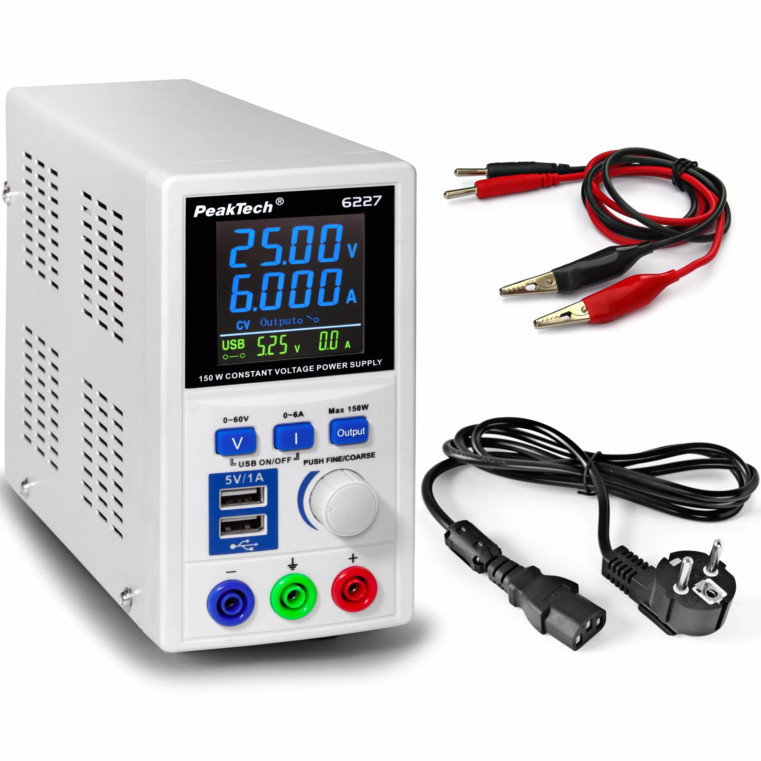 PeakTech P 6227 - DC Switching Power Supply 0-60 V/ 0-6 A with Color LCD & 2 x USB