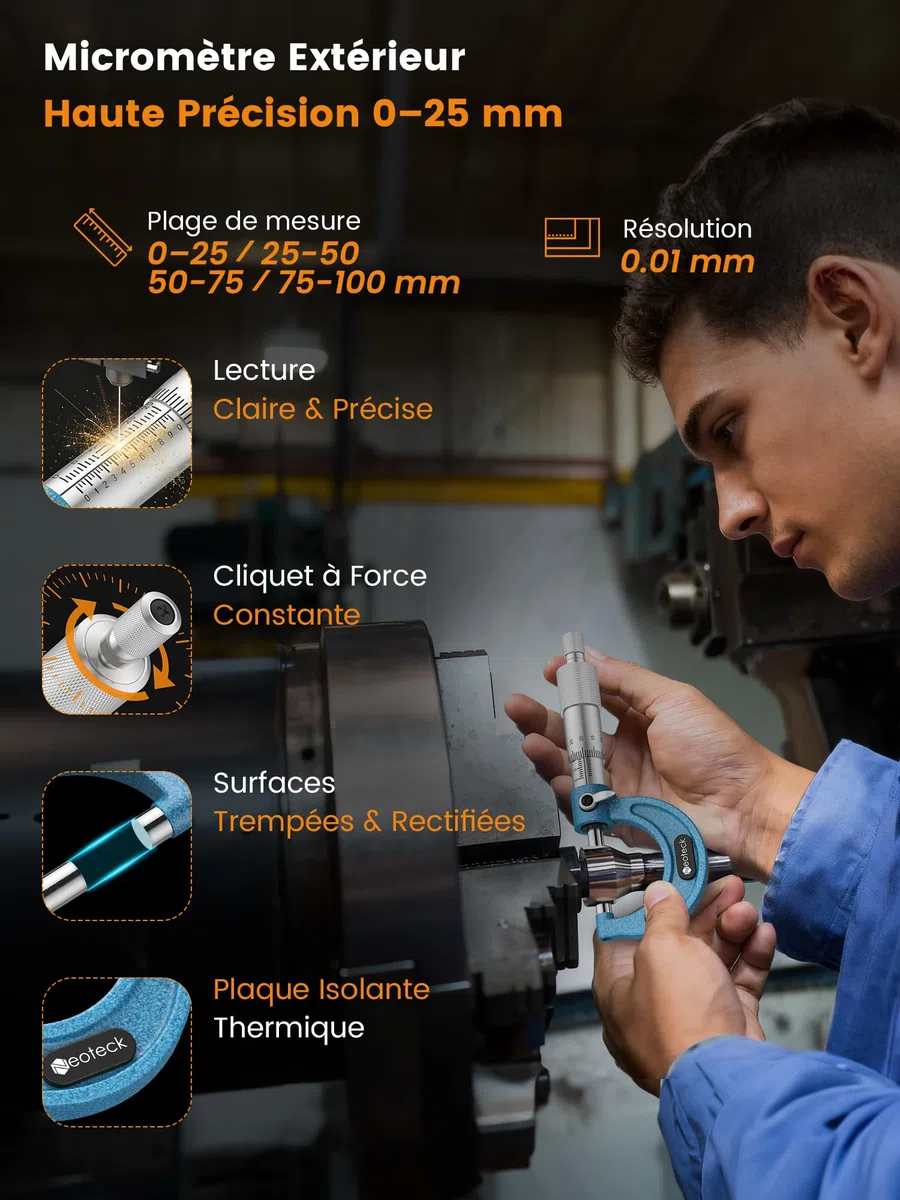 Neoteck Micromètre Extérieur Mécanique 0-100 mm – Kit 4 Pièces 0-25/25-50/50-75/75-100 mm Précision 0,01 mm avec Cliquet, Faces en Carbure, Ét alons 25/50/75 mm – Pour Usinage & Atelier Professionnel