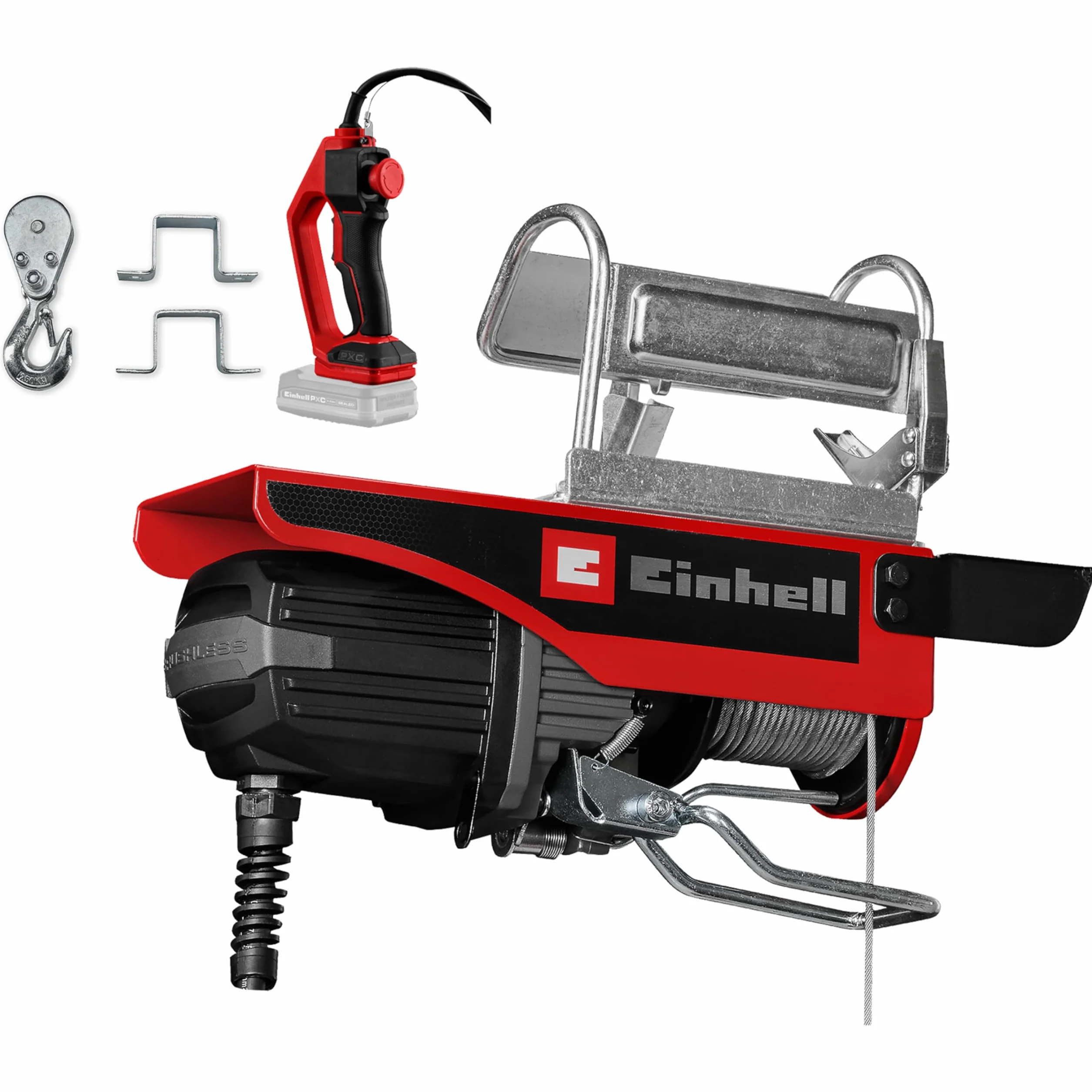 Einhell Palan sans fil TE-EH 18/250 Li BL Power X-Change (18 V, sans charbon, capacité de charge 125 kg / 250 kg avec poulie de renvoi, hauteur de course 12 m, vitesse 3,5 m/min, câble en acier)