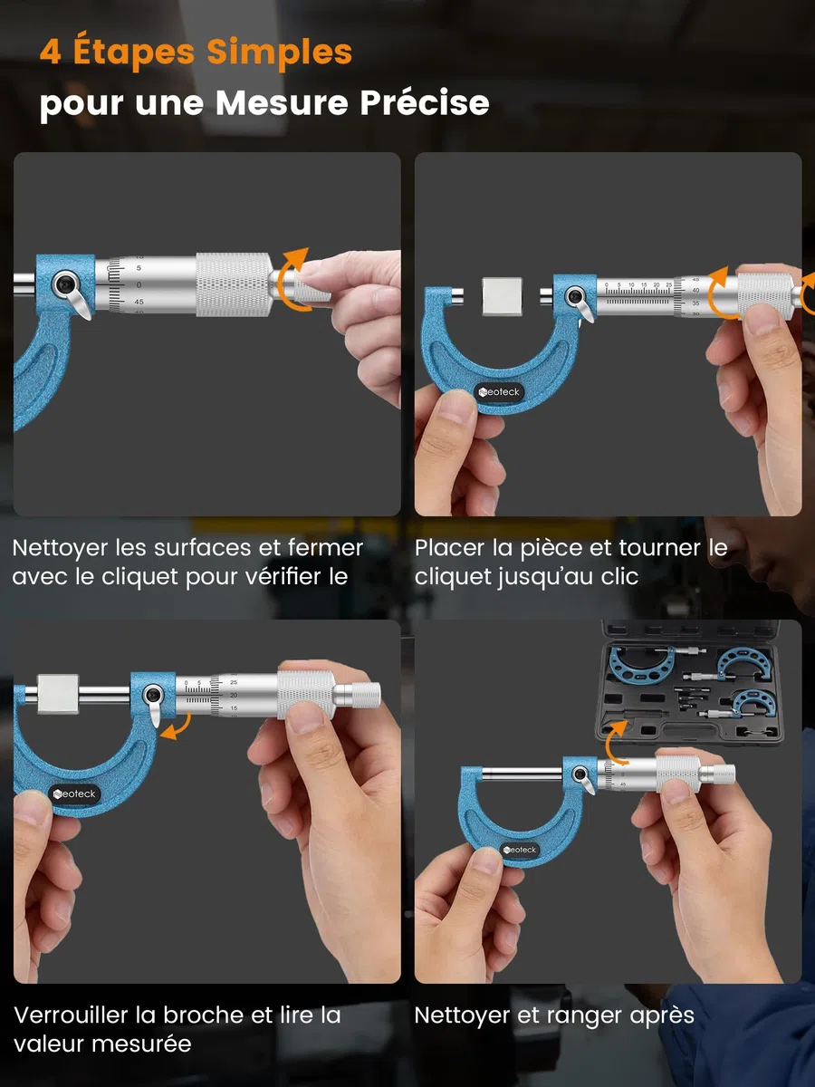 Neoteck Micromètre Extérieur Mécanique 0-100 mm – Kit 4 Pièces 0-25/25-50/50-75/75-100 mm Précision 0,01 mm avec Cliquet, Faces en Carbure, Ét alons 25/50/75 mm – Pour Usinage & Atelier Professionnel