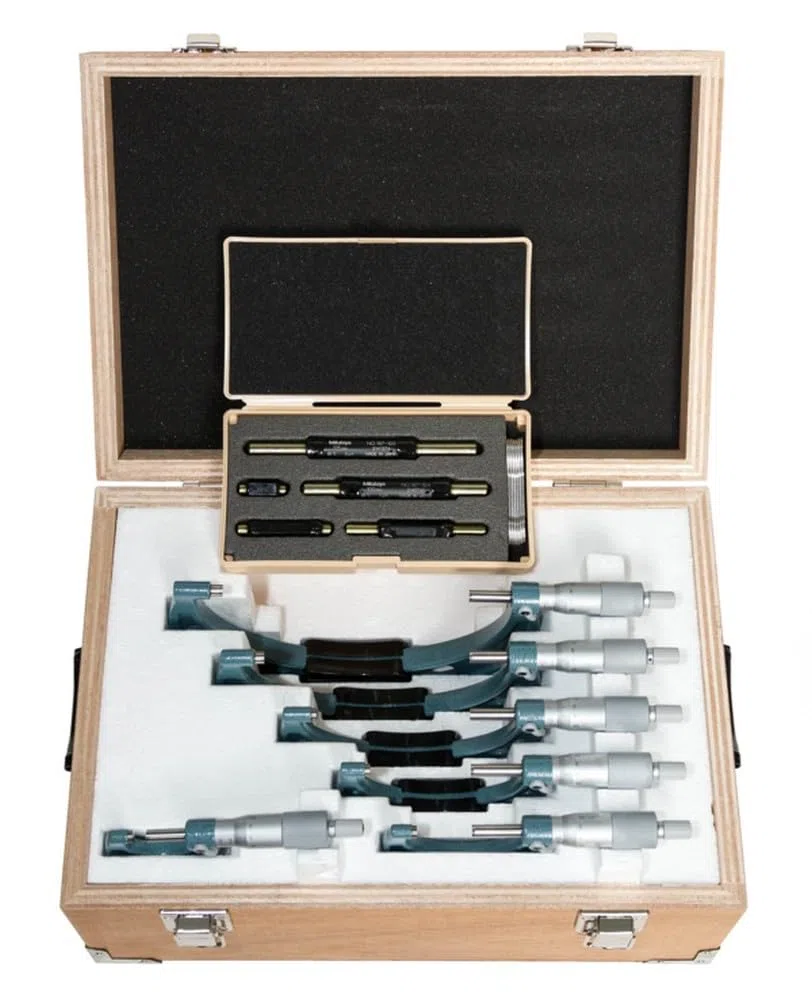 Mitutoyo Microm. d'extérieur col de cygne en jeu | 0,01 mm, jeu 6 pièces, coffret bois