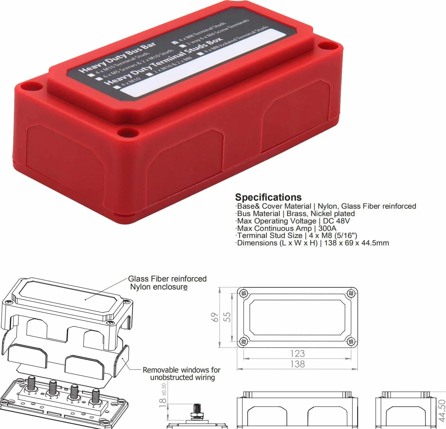 Busbar Bornier 12V-48V cc 300A Barre de bus Blocs de distribution Heavy Duty 4X M8 Borne Batterie Bus Bar pour Voiture/RV/Yachts/Bateau/Marine/Solaire, e noir et rouge 2 paquets