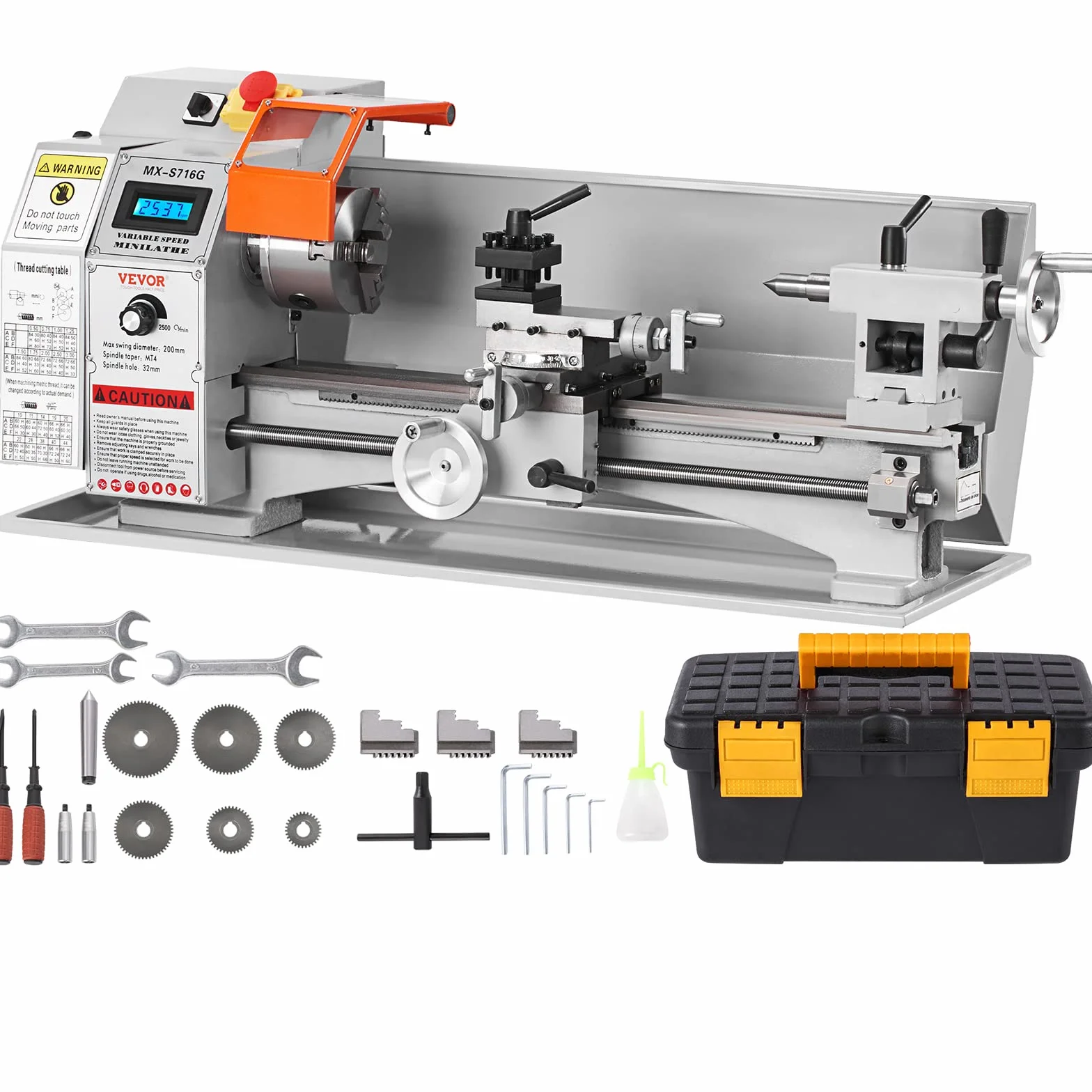 VEVOR Mini Tour à Métaux de Précision 17,8x40,6 cm 150-2500 tr/min Variable en Continu 800 W Moteur Sans Balais Mandrin 3 Mâchoires 100 mm Boîte à Outils pour Usinage Traitement de Pièces de Précision
