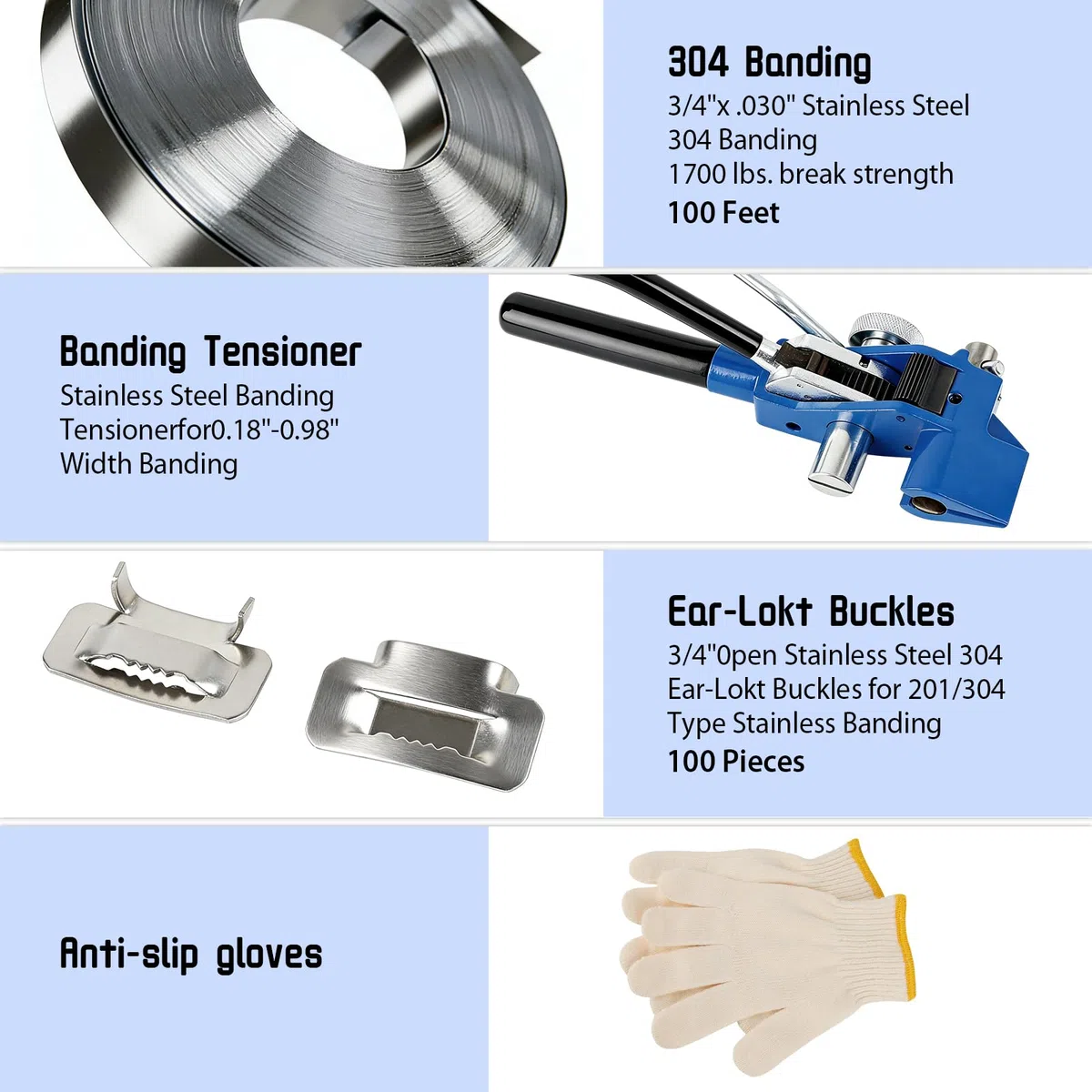 Kit de cerclage manuel, bobine de bande en acier inoxydable (3/4" x 100 pieds x 0,03") + boucles métalliques (100 pièces), avec gants, kit de cerclage manuel pour l'industrie, la construction, le