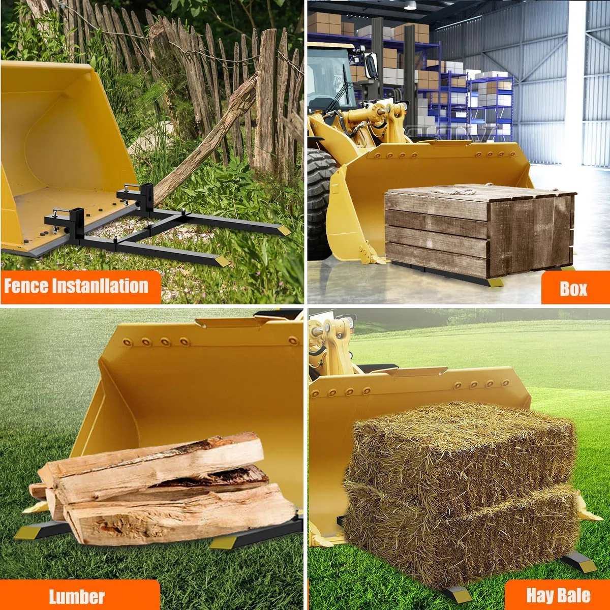 Garvee Fourches à palette robustes 43" pour godet de tracteur ou chargeur – Capacité 2000 lbs – Barre stabilisatrice réglable – Compatibles mini-chargeuse, manutention débris, bois, foin – Attribut