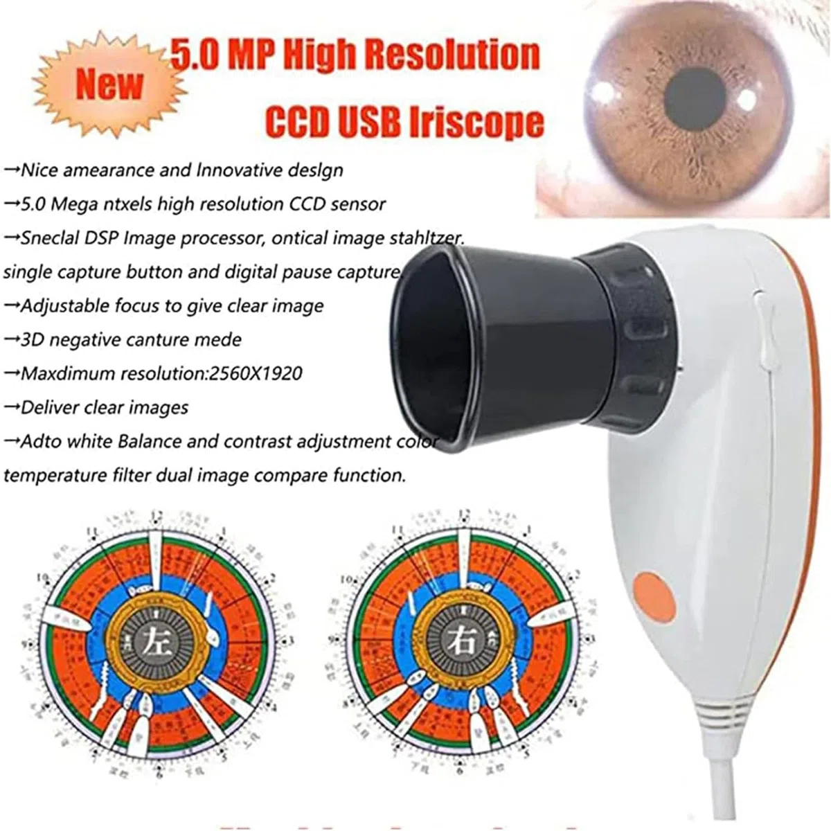 New 5.0 MP USB Iriscope Iris Detector with Pro Iris Software Eye Iriscope Iris Analyzer Analysis Iridology Camera for Beauty Salons, Personal Health Management Centers